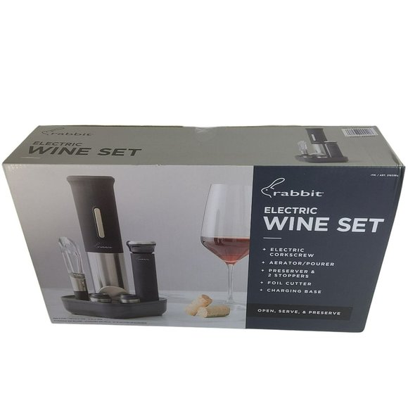 Rabbit Electric Wine Corkscrew Set 7 Piece Aerator Preserver Stopper Foil Cutter - Picture 1 of 12